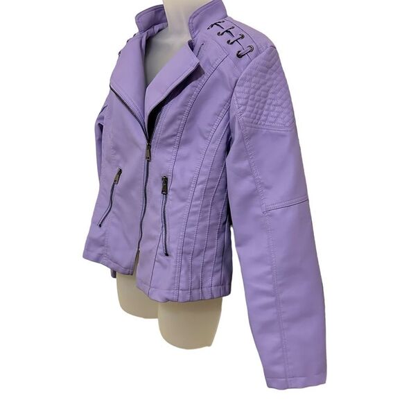 Purple Moto Punk Biker Fo Leather Full Zip Tie Tassels Side Zip Pockets Jacket - Picture 3 of 8